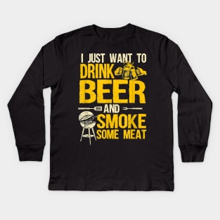 Barbecue Smoking Pitmaster Design Drink Beer Smoke Meat BBQ Kids Long Sleeve T-Shirt